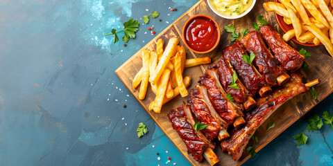 BBQ pork ribs with golden fries and sauces, textured turquoise background, copy space, top view....