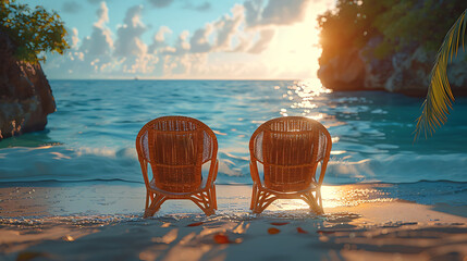 chairs on a beach WITH SUN SET - obrazy, fototapety, plakaty