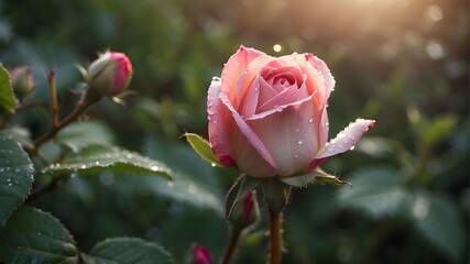 A dew-kissed rosebud unfurling at dawn in a secluded garden
