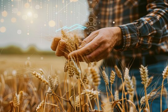 A farmer holds several ears of wheat in his hand while standing in the middle of a grain field. Income graph on a virtual screen. generative ai