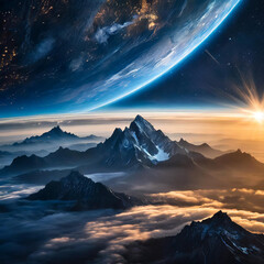Surreal landscape with Earth, stars, and a glowing sunrise above misty mountains and clouds - 784412344