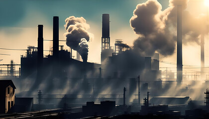 Industrial sunset scene with silhouetted structures and smoke, highlighting environmental impact - 784412357