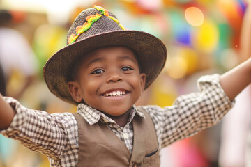 Photo of a small handsome black boy at a party, raising his arms in the air and smiling widely, celebrating Emancipation Day at a party