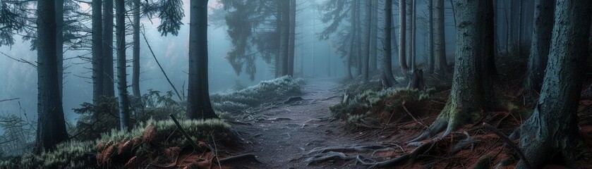 Aftermath of storm, minimalist forest path, pastel dawn light, low angle view ,8k resolution,