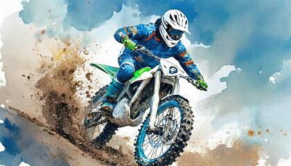 A motocross rider in blue gear, white helmet, rides a blue bike, kicking up dirt under a clear sky. Action-packed! - 784412368