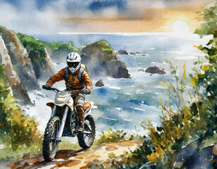 A motocross rider at sunset by the ocean, on a rocky path surrounded by greenery, in a moment of serene adventure - 784412369