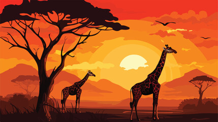 Fototapeta na wymiar Giraffes at African Sunset Serrengeti Tanzania .. 2
