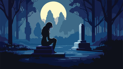Girl mourning loss of loved one. Flat vector illustration