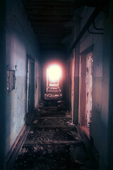 The seaside house has long been abandoned. A long corridor overlooks to sea of Arctic Ocean - obrazy, fototapety, plakaty