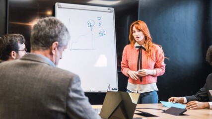 Businesswoman explaining diagrams on whiteboard to colleagues in office