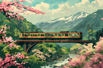 陸橋を走る電車の風景（春） - obrazy, fototapety, plakaty