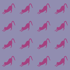 伸びをする猫のシームレスパターン　クレヨンタッチ　紫