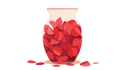 Glass vase filled with red rose petals. white background