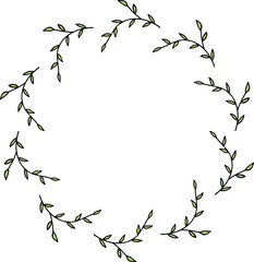 Round frame with wonderful cute green branches on white background. Vector image.