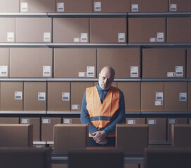 Bored frustrated worker checking boxes at the warehouse - 784413717