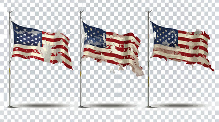 Vector realistic set with damaged flags of United States