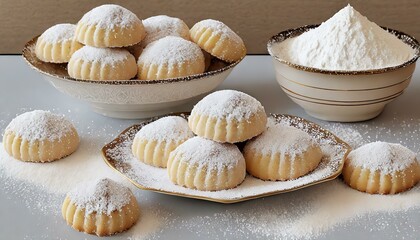 Fototapeta na wymiar Wallpaper texted Sweets with Tea: Celebratory Maamoul Cookies and Powdered Sugar on Kahk