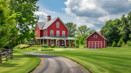 Fototapeta na wymiar Red clapboard siding house with white garage door, and white shutters, View of green lawn with blooming flower bed