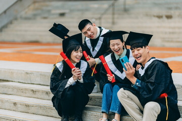 Asian university students, clad in graduation gowns, use smartphones to capture and live-stream...