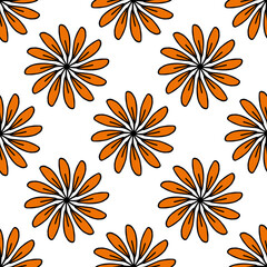 Seamless pattern in positive orange flowers on white background. Vector image.