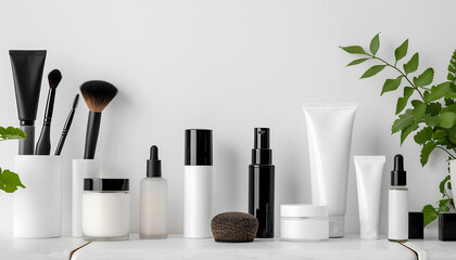 set of cosmetics on a white table on a white background