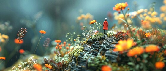 Garden of Challenges Amongst miniature blooms, tiny figures navigate a whimsical garden filled with obstacles like self-doubt, fear of failure, and uncertainty - obrazy, fototapety, plakaty