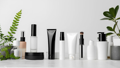 set of cosmetics on a white table on a white background - obrazy, fototapety, plakaty