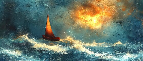 Stormy Seas of Uncertainty A whimsical boat navigates choppy waters filled with obstacles, representing the uncertainties and challenges that life presents. Despite the stormy seas - obrazy, fototapety, plakaty