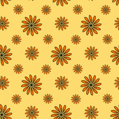 Seamless pattern in positive orange flowers on yellow background. Vector image.