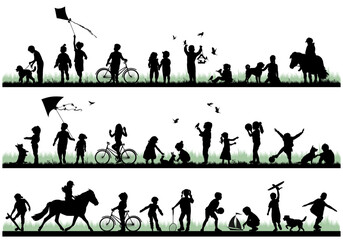 Children and pets silhouettes on white background. Little girls and boys playing outdoor. Vector illustration.	
