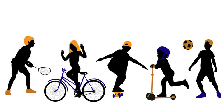 Children and pets silhouettes on white background. Little girls and boys playing outdoor. Vector illustration.	
