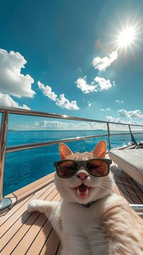 A happy cat wearing sunglasses is lying on the deck of an elegant yacht, with blue sky and sea in the background The sun shines brightly above, creating a beautiful scene A luxurious atmosphere surrou