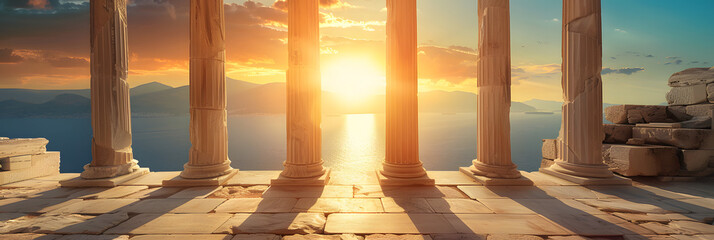 Fototapeta premium Columns of Ancient temple against sun, inside old building in Greece at sunset, classical Greek or Roman ruins overlooking sea. Theme of antique, civilization, travel