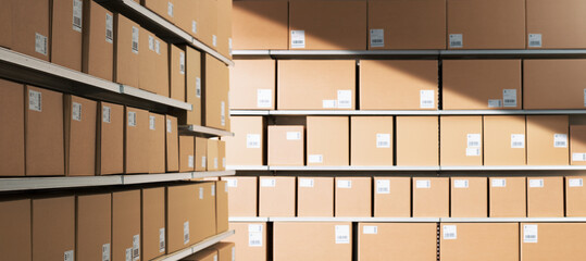 Distribution warehouse interior with many delivery boxes