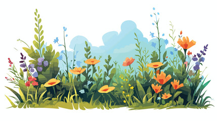 Obraz na płótnie Canvas Grass plants and flowers in the meadow 2d flat cartoon