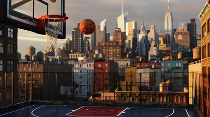 Scene of Experience the thrill of rooftop basketball, where the game's intensity meets the dramatic cityscape, elevating an urban pastime. - obrazy, fototapety, plakaty