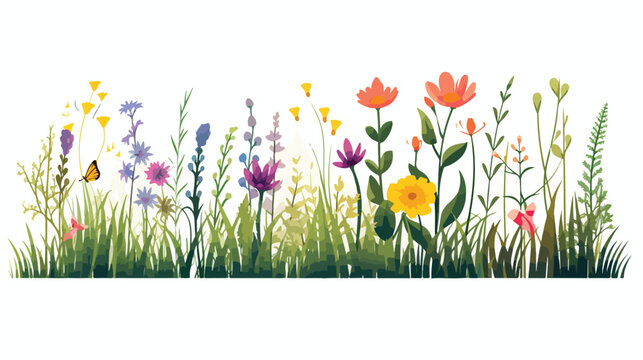 Grass plants and flowers in the meadow 2d flat cartoon