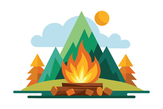 Camp fire flat vector illustration on white background