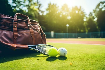 Tennis racket, balls, and a sports bag on a tennis court surrounded by fresh green grass, highlighting the essentials for a tennis match with copy space. - obrazy, fototapety, plakaty