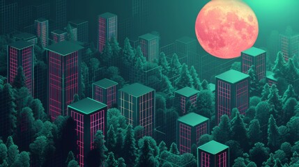 An isometric landscape with nuclear structures, abstract forest and moss greens, minimalistic style under the luna glow. - obrazy, fototapety, plakaty