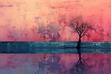 A solitary tree stands as a stark symbol of death against a vibrant, abstract backdrop, capturing the fleeting nature of life with minimalism and negative space.