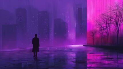 A tranquil dawn walk in a modern city, surrounded by minimalistic purple abstract art. Feeling peaceful and curious in the empty streets.