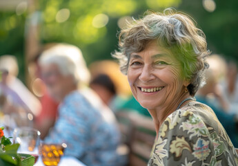 A smiling senior woman sitting at a table with friends during a backyard party