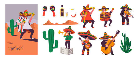 Mexican mariachi musicians with folk instruments. Composition and set of vector elements isolated on a white background.