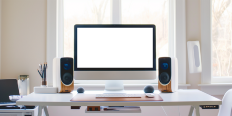 Modern bright private room with work desk and computer white mockup screen