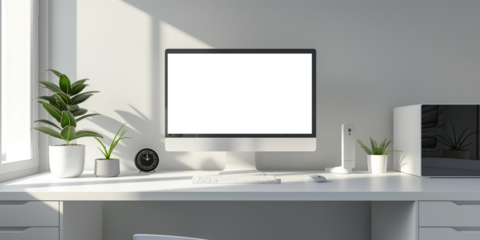 Modern bright private room with work desk and computer white mockup screen
