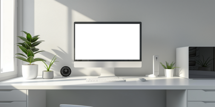 Modern bright private room with work desk and computer white mockup screen - Powered by Adobe