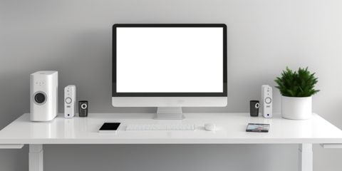 Modern bright private room with work desk and computer white mockup screen