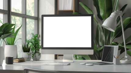 Modern bright private room with work desk and computer white mockup screen