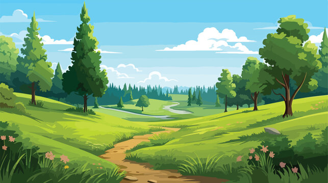 Green landscape background 3d illustration. Summer